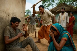 Caste-based violence in rural India; marginalized Dalit man and woman being attacked by upper-caste villagers with sticks in a dusty village setting, highlighting social injustice, discrimination and oppression in Indian villages