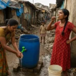 Women in an Indian slum practicing hygiene by washing hands and brushing teeth near a community water barrel, highlighting sanitation and clean water challenges in urban slums