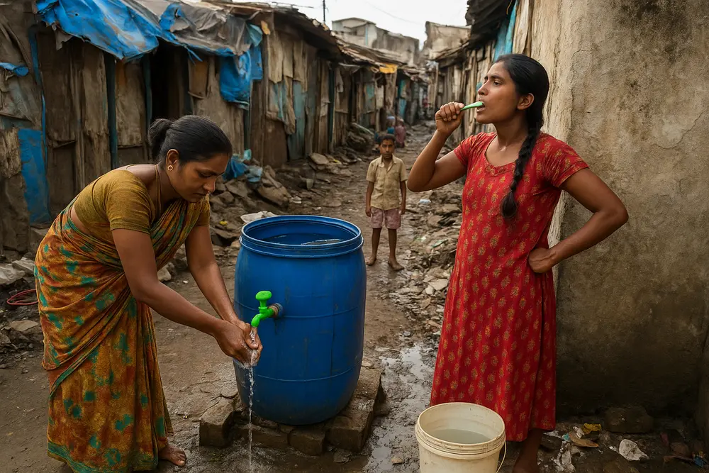 How can We Improve Sanitation and Hygiene in Indian Slums? Women in an Indian slum practicing hygiene by washing hands and brushing teeth near a community water barrel, highlighting sanitation and clean water challenges in urban slums.