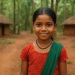 A bright and curious 10-year-old tribal girl stands in her forest village in Odisha