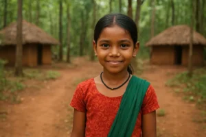 A bright and curious 10-year-old tribal girl stands in her forest village in Odisha