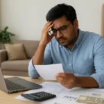 A stressed middle-class Indian man sitting at a desk with bills and papers, symbolizing the financial burden and social impact of high taxation on salaried individuals.