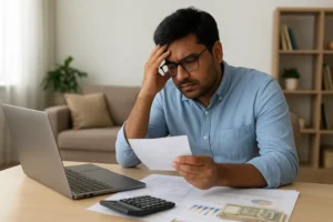 A stressed middle-class Indian man sitting at a desk with bills and papers, symbolizing the financial burden and social impact of high taxation on salaried individuals.