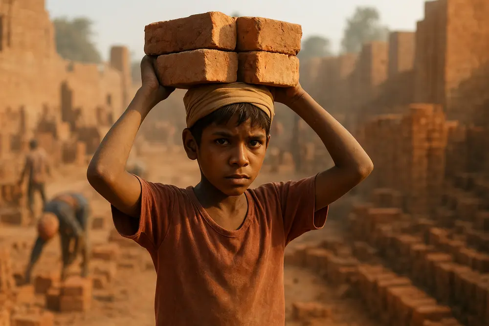 The Effects of Child Labor on India’s Economy and Future Workforce Child labor in India – A young boy working in a brick kiln, illustrating the economic impact and challenges for India’s future workforce and education