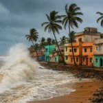 Colorful houses along an Indian coastline with strong waves and palm trees, showing the impact of climate change, rising sea levels and coastal erosion on vulnerable communities