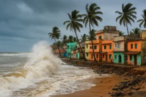 Colorful houses along an Indian coastline with strong waves and palm trees, showing the impact of climate change, rising sea levels and coastal erosion on vulnerable communities