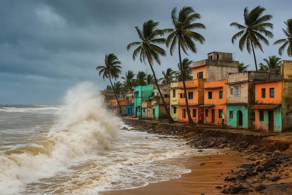 What is the Impact of Climate Change on Indian Coastal Communities? Colorful houses along an Indian coastline with strong waves and palm trees, showing the impact of climate change, rising sea levels, and coastal erosion on vulnerable communities