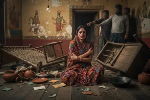 This powerful image portrays the harrowing reality of dowry-related violence.