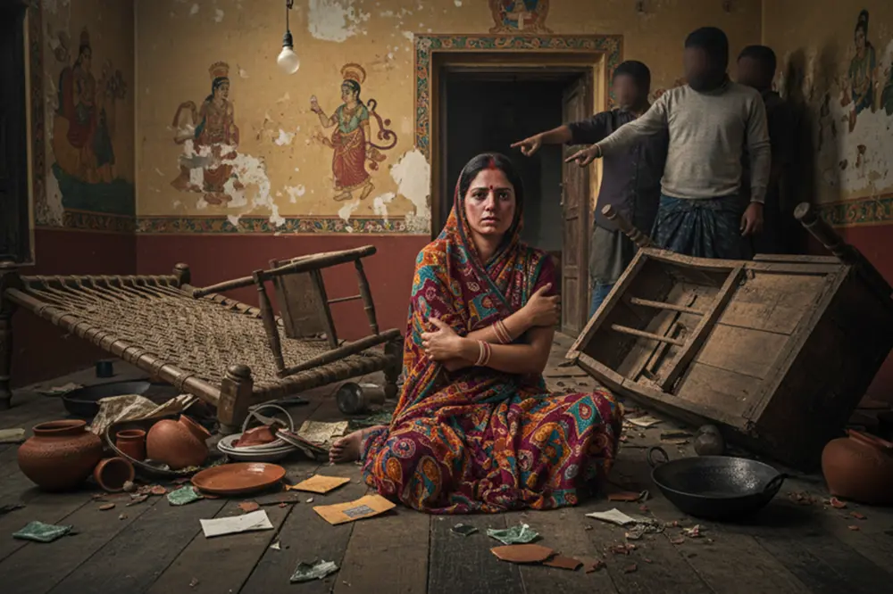 Dowry-Related Violence in India: Causes, Consequences and Solutions A fearful Indian woman sits in a ransacked room as three anonymous men point accusingly at her, depicting the theme of dowry-related violence in India