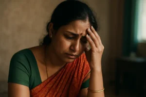 An Indian woman sits quietly by a window, looking distressed and thoughtful, symbolizing the emotional and mental health impact of domestic violence