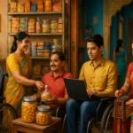A vibrant, realistic scene showing disabled people in India actively working in diverse job settings such as offices, shops, technology and crafts