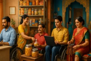 A vibrant, realistic scene showing disabled people in India actively working in diverse job settings such as offices, shops, technology and crafts