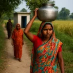 Rural Indian woman walking on a village path carrying a water pot on her head, reflecting challenges of water access and sanitation