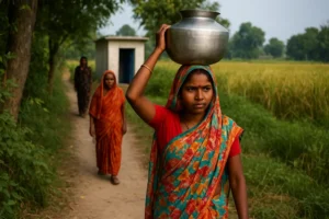 Rural Indian woman walking on a village path carrying a water pot on her head, reflecting challenges of water access and sanitation