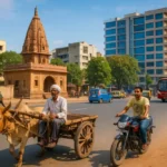 An Indian street scene showing a farmer on a bullock cart and a man on a motorcycle passing by a traditional temple with modern high-rise buildings in the background