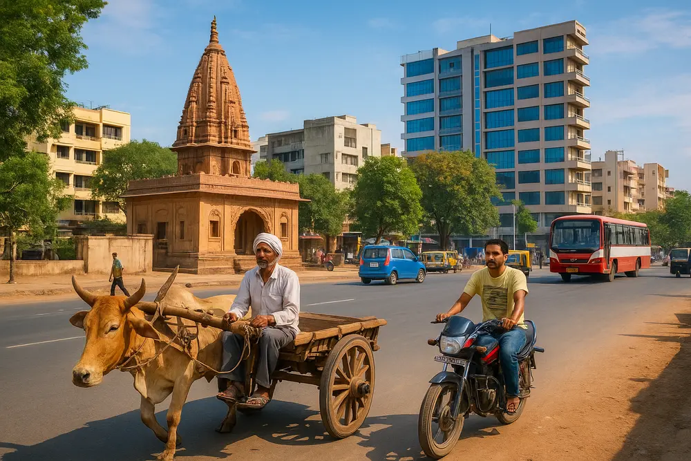 How Does Urbanization Impact Traditional Communities in India? Impact of urbanization on traditional communities: An Indian street scene showing a farmer on a bullock cart and a man on a motorcycle passing by a traditional temple with modern high-rise buildings in the background