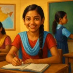 Girls in India studying in a classroom, improving access to quality education and empowerment