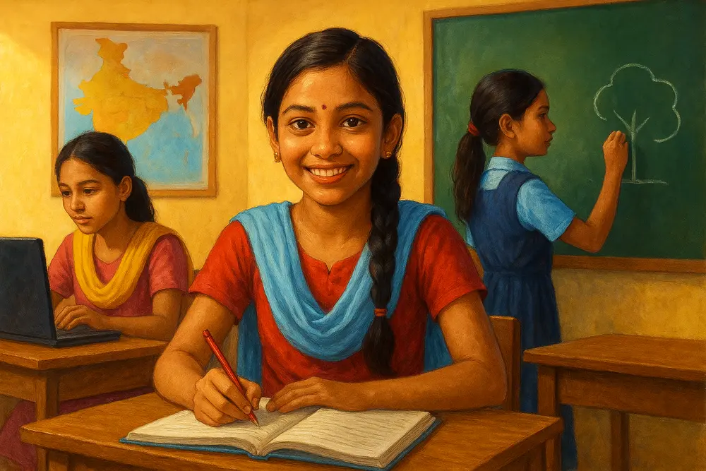 Girls in India studying in a classroom, improving access to quality education and empowerment