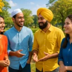 A diverse group of Indian youth from different religious backgrounds engaging positively outdoors, symbolizing hope, unity, and harmony amid religious polarization.