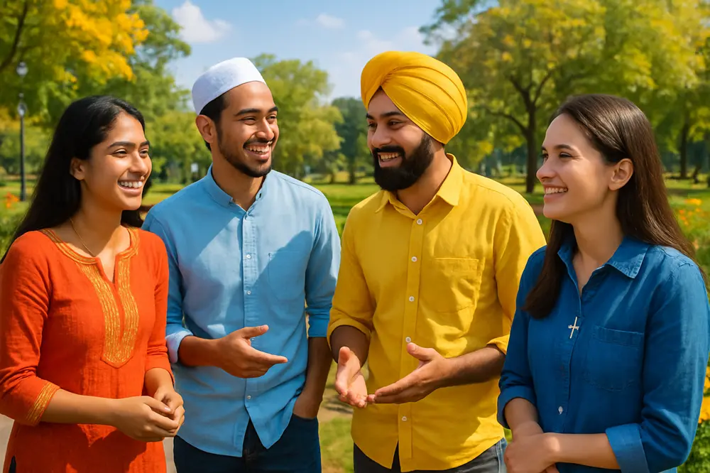 What are the Effects of Religious Polarization on Indian Youth? Indian youth from various religions united and smiling outdoors