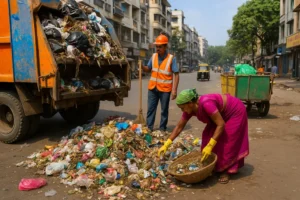 Workers managing urban waste on a busy street, highlighting the challenges and importance of efficient waste management in Indian cities