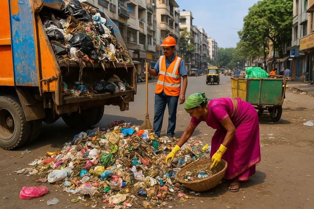 Workers managing urban waste on a busy street, highlighting the challenges and importance of efficient waste management in Indian cities