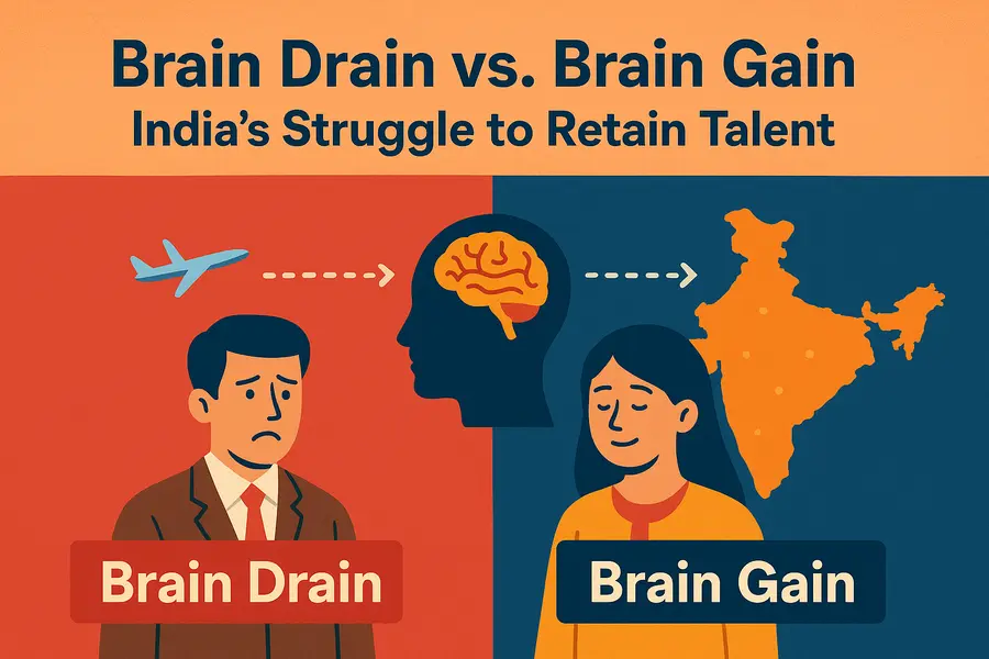 Brain Drain vs Brain Gain: India’s Struggle to Retain Talent Brain drain vs brain gain India infographic showing talent migration, returning professionals and India’s global workforce