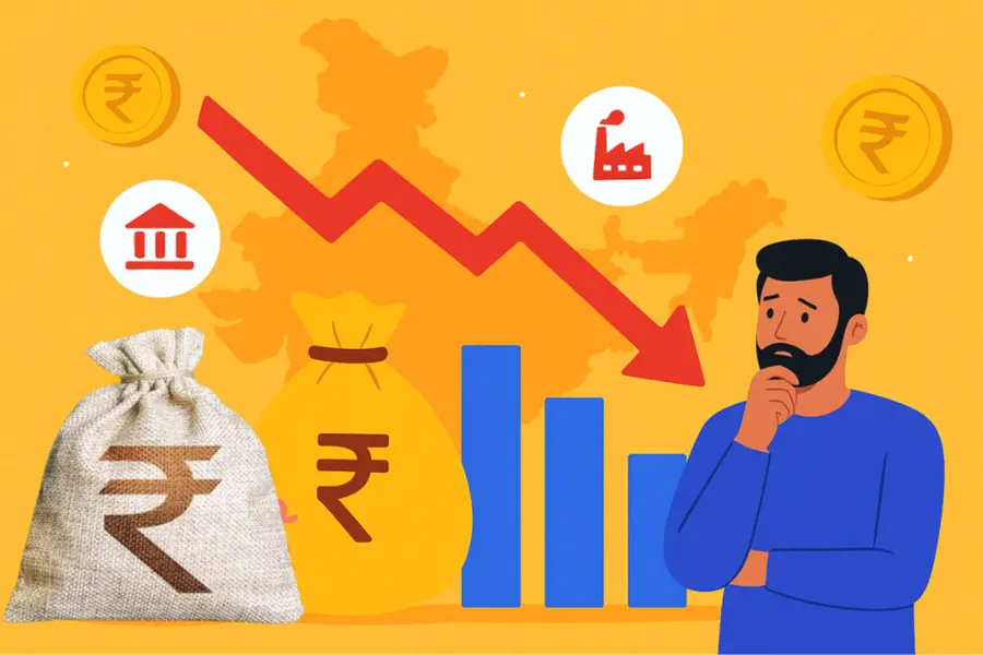 What Are the Effects of Low Household Savings on Growth in India? India’s declining household savings with a falling graph, rupee symbols and a worried man
