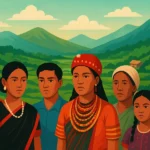 Northeast Indian communities in traditional attire standing together against a backdrop of green hills, terraced fields and mountains under a warm orange sun
