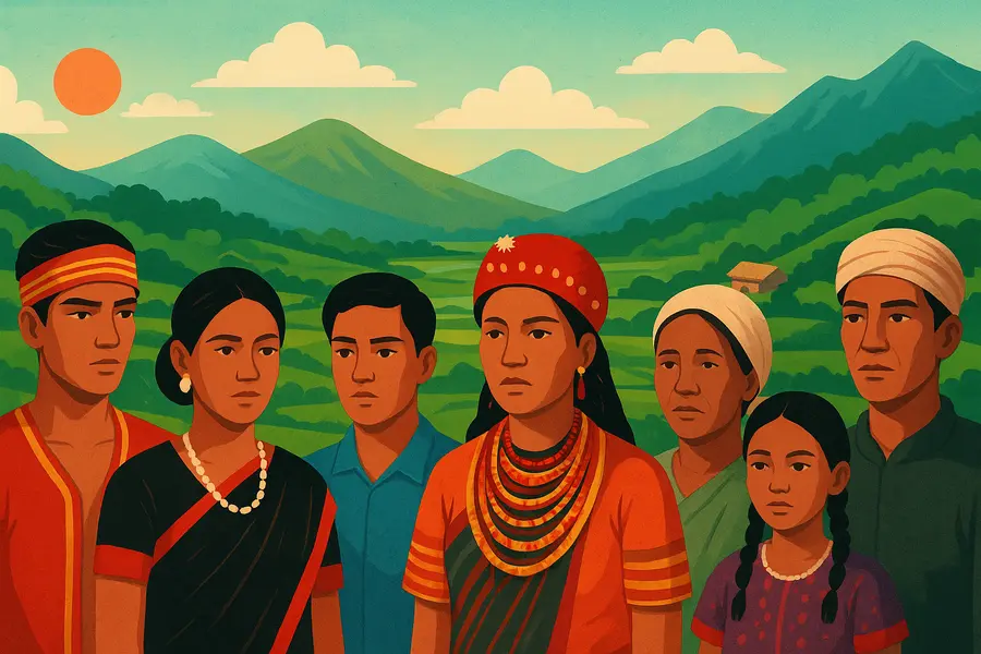 Northeast Indian communities in traditional attire standing together against a backdrop of green hills, terraced fields and mountains under a warm orange sun