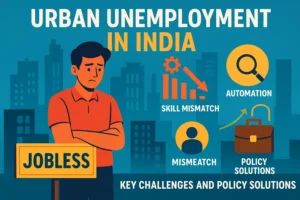 Urban unemployment in India with icons for automation, skill mismatch and policy solutions.