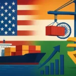 India U.S. trade illustration showing cargo ship, containers, rupee symbol, and flags representing exports, tariffs, and economic growth.
