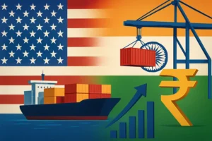 India U.S. trade illustration showing cargo ship, containers, rupee symbol, and flags representing exports, tariffs, and economic growth.