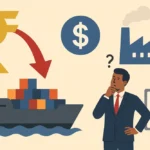 Falling rupee symbol with rising dollar and cargo ship showing higher import costs for Indian businesses