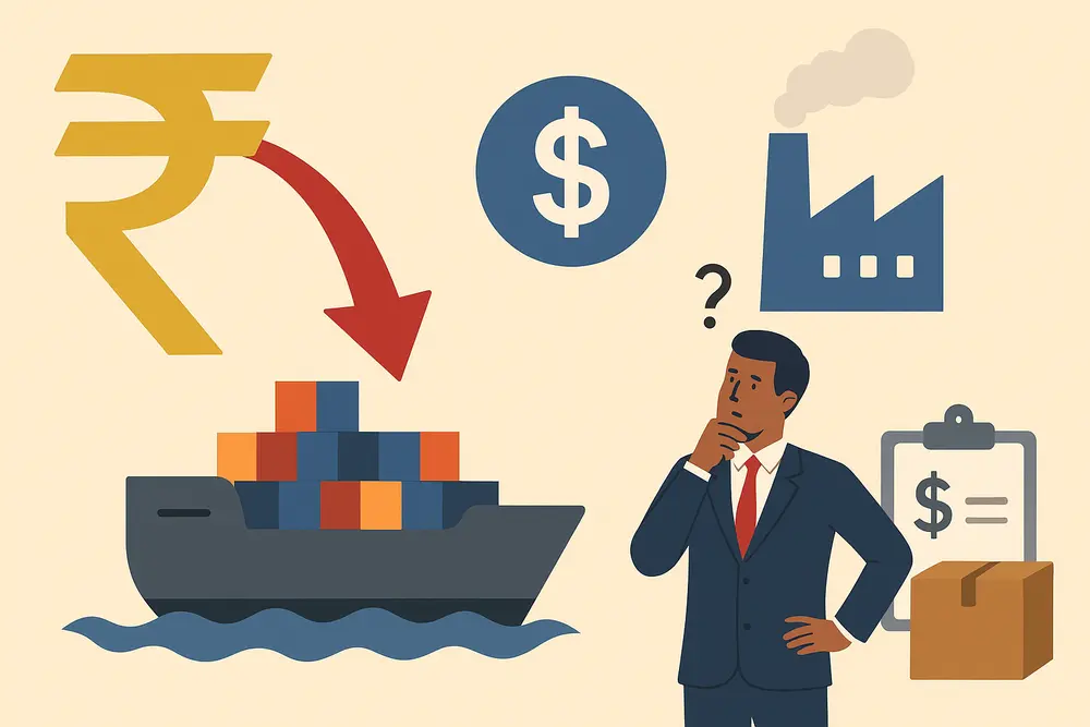 Falling rupee symbol with rising dollar and cargo ship showing higher import costs for Indian businesses.