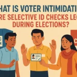 Illustration of voters and a poll worker discussing voter intimidation and selective ID checks at a polling station