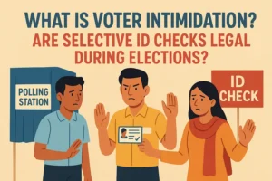 Illustration of voters and a poll worker discussing voter intimidation and selective ID checks at a polling station