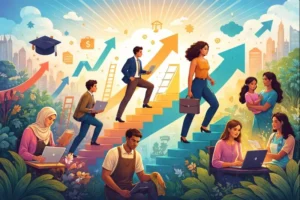 diverse people advancing via education, work, and care in a changing society