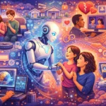 AI reshaping family structures and relationships through smart technology, digital parenting, emotional connections and everyday human interaction.