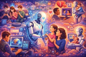 AI reshaping family structures and relationships through smart technology, digital parenting, emotional connections and everyday human interaction.