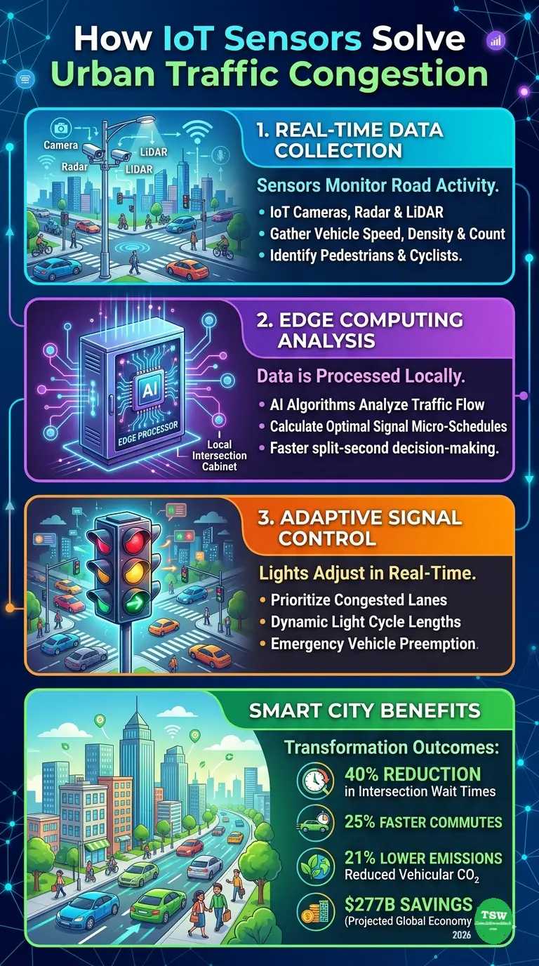 An infographic titled 'How IoT Sensors Solve Urban Traffic Congestion,' illustrating a three-step process: real-time data collection, edge computing analysis, and adaptive signal control, resulting in smart city benefits like 40% reduced wait times and 21% lower emissions.